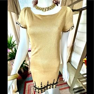 Eci New York Gold Shimmer Dress W/ Handsewn Gems